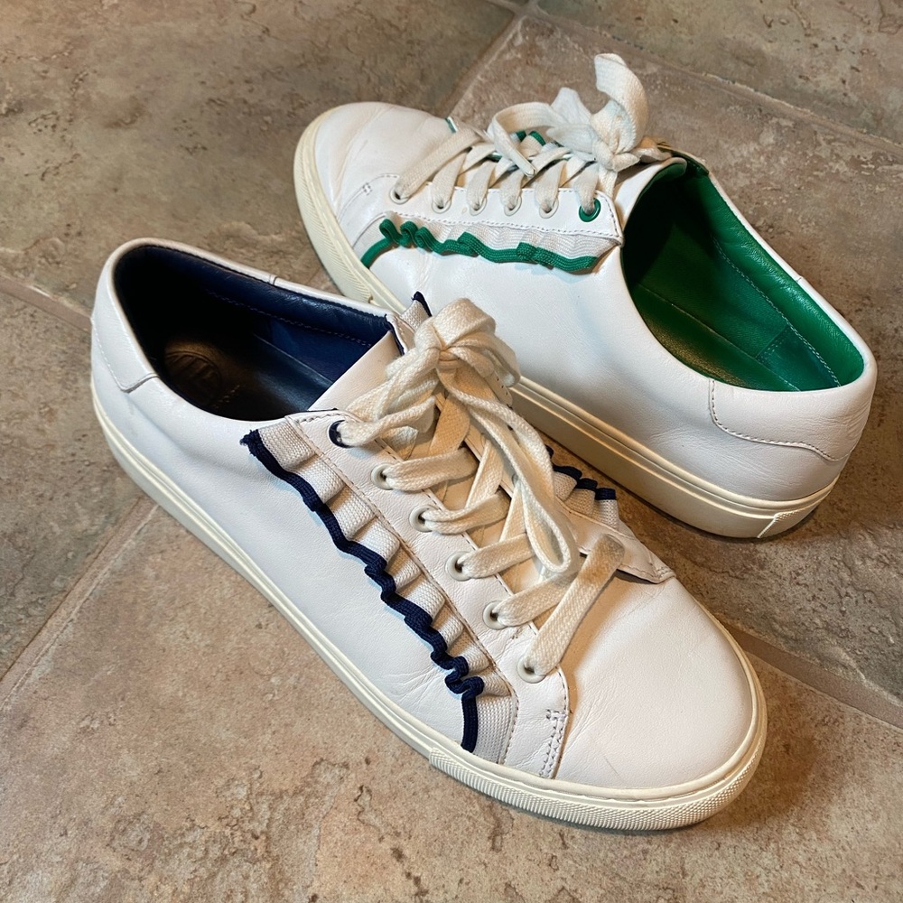 Tory Sport White Leather Sneakers with Ruffle Detail 8.5
